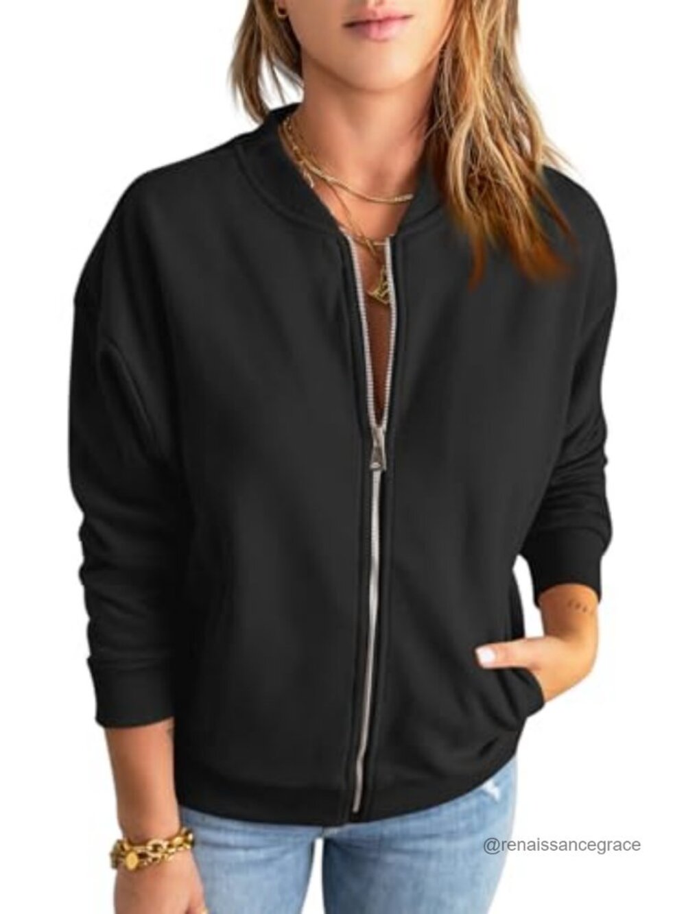 Womens Full Zip Sweatshirt Jacket Long Sleeve Loose Fit Pockets